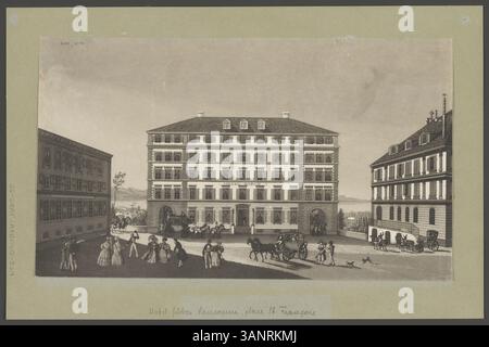 Ein um 1840 entstandener Druck von Daniel Wegelin zeigt den Hôtel Gibbon in Lausanne, insbesondere den Ort St. Francois. Das Aquatint zeigt die architektonischen Merkmale des Hotels und der Umgebung in einem historischen Kontext. Stockfoto