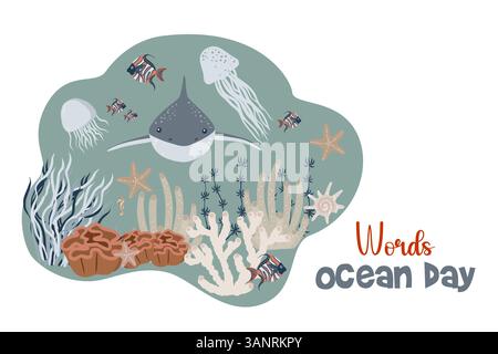 Welttag der Ozeane. Illustration der Unterwasserwelt mit Haien, Fischen, Algen und Meerestieren. Vektorvorlage der Postkarte Stock Vektor