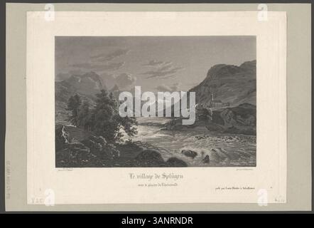 Dieser von Johann Ludwig Bleuler zwischen 1821 und 1843 von Johann Hürlimann gravierte Druck zeigt das Dorf Splügen im Kanton Graubünden und den nahe gelegenen Rheinwaldgletscher. Stockfoto