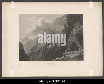 Stahlstich mit dem Titel „Tête noire“, der den Kanton Wallis, Schweiz, mit detaillierten Landschaftsbildern und topografischen Merkmalen darstellt. Stockfoto