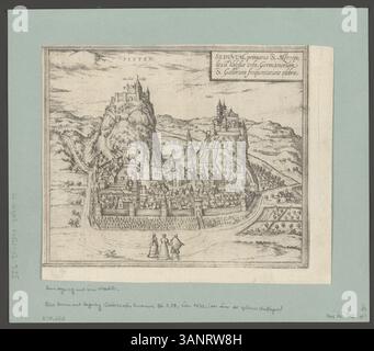 Dieser Radierdruck von Franz Hogenberg zeigt die Stadt Sitten (Sion) im Walliser Gebiet und hebt Sehenswürdigkeiten wie das Fürstliche Schloss und die Umgebung hervor. Der Druck, der Teil von Georg Brauns „Civitas Orbis Terrarum“ ist, zeigt die Bedeutung der Stadt für die europäische Geographie in dieser Zeit. Stockfoto
