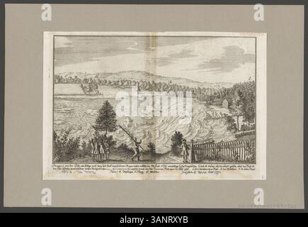 Diese Gravur zeigt die Sicht auf die Sihl nach starkem Regen am 13. Juli 1750 in Zürich und veranschaulicht die Schäden, die durch Überschwemmungen verursacht wurden, darunter entwurzelte Bäume und ein gebrochener Damm. Die Szene wird von einem Hügel in der Nähe des Steintisches aus gesehen, im Hintergrund sind Wahrzeichen wie Wipkingen und Höngg zu sehen. Stockfoto