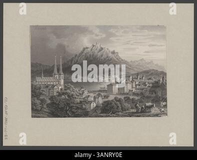 Dieser Stahlstich von Ludwig Rohbock und Joseph Maximilian Kolb präsentiert Luzern mit dem Pilatus im Hintergrund. Der Druck ist Teil einer Sammlung, die bemerkenswerte Schweizer Landschaften zeigt. Das Kunstwerk fängt die landschaftliche Schönheit und die berühmten Wahrzeichen von Luzern ein. Stockfoto