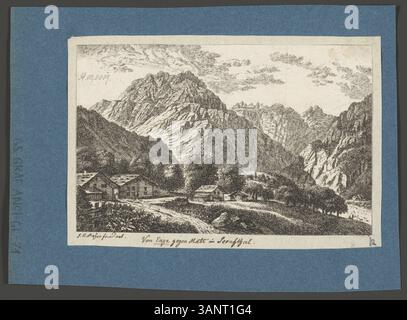 Diese Radierung von Johann Heinrich Meyer zeigt den Blick von enge bis Matt im Sernfthal im Kanton Glarus. Sie entstand um 1808 als Teil der Helvetischer Almanach. Stockfoto