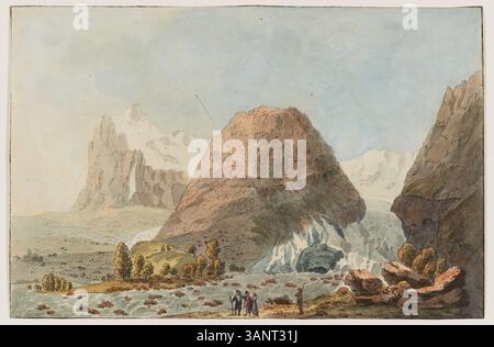 Eine Radierung von Jakob Samuel Weibel aus dem Jahr 1795, die den unteren Grindelwaldgletscher in der Schweiz zeigt. Das Werk ist Teil einer Sammlung von 14 Ansichten aus dem Oberland, die eine historische und topographische Perspektive des Gebiets bieten. Stockfoto