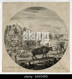 Stefano della Bellas Druck „Animali“ (Tiere), der zwischen 1643 und 1648 entstand, zeigt detaillierte Darstellungen verschiedener Tiere in dynamischen Posen. Dieser Druck zeigt die Kunst des Künstlers, das Leben und die Bewegung von Kreaturen im Italien des 17. Jahrhunderts festzuhalten. Stockfoto