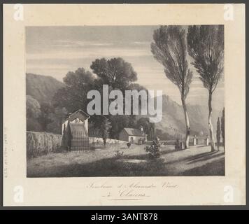 Diese nach 1847 entstandene Lithografie zeigt das Grab von Alexandre Vinet in Clarens, Schweiz. Der historische Druck erinnert an die Ruhestätte des Philosophen in der malerischen Region des Genfer Sees. Stockfoto