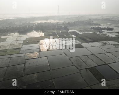 Panoramablick auf malerische Reisfelder mit ruhigen Wasserspiegeln in einem Flickenteppich, Paikar Char, Narsingdi, Bangladesch. Stockfoto