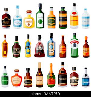 Symbole für Alkoholgetränkeflaschen, isoliert auf weißem Hintergrund gesetzt. Vektor flache Zeichentrickillustration. Designelemente des Balkenmenüs Stock Vektor