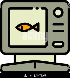 Echolot für Angeln. Fish Sucher Farbschild. Ausrüstung für Fischer. Weg, Fische zu finden. Effiziente Fischerei. Vektorillustration isoliert auf weiß. Digi Stock Vektor