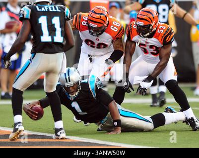 25. August 2011 - Cincinnati, OH, USA - Carolina Panthers Rookie Quarterback Cam Newton (1) erzielt einen rasanten Touchdown gegen Cincinnati Bengals Defensivende Jonathan Fanene (68) und Linebacker Thomas Howard (53) während des ersten Quartals eines Vorsaisonspiels im Paul Brown Stadium in Cincinnati, Ohio, Donnerstag, 25. August 2011. (Bild: © Jeff SINER/Charlotte Observer/MCT/ZUMAPRESS.com) Stockfoto