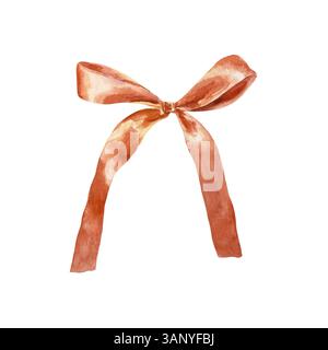 Rote Satinschleife. Dekor für Weihnachten, Neujahr und Geburtstagsgeschenke, Sträuße. Handgezeichnete Aquarellillustration isoliert auf weiß. Designelement für gr Stockfoto