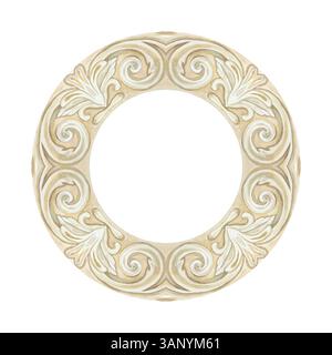 Putzrunder Rahmen mit symmetrischen Mustern. Handgezeichnete Aquarellillustration isoliert auf weiß. Für Grußkarten, Einladungen, Etiketten, Banner. Stockfoto