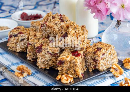 Hausgemachte Frühstücksbars aus Haferflocken, Nüssen, getrockneten Preiselbeeren und Honig Stockfoto