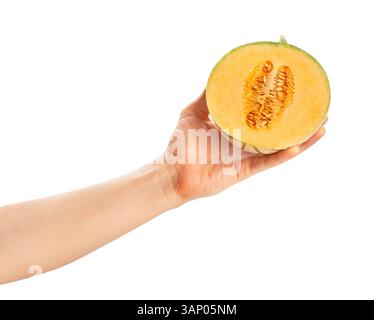 Geschnittene Kantaloupe im Handweg isoliert auf weiß Stockfoto