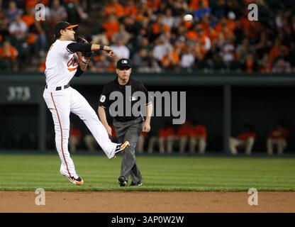 Baltimore Orioles zweiter Baseman Brian Roberts (1) wirft zur ersten Base. Die Baltimore Orioles besiegten die Seattle Mariners 2-1 am 12. Mai 2011 im Oriole Park bei Camden Yards in Baltimore, MD. (Bild: © Mike Buscher/Cal Sport Media/ZUMAPRESS.com) Stockfoto
