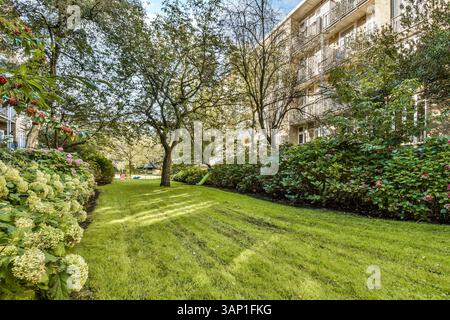 Ein lebendiger Garten mit üppigem Grün und gepflegten Rasenflächen, neben einem charmanten Wohngebäude unter klarem Himmel. Stockfoto