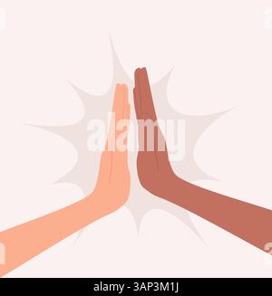 Zwei Menschen verschiedener Nationalitäten und Hauttöne geben High-Five. Illustration des flachen Vektors Stock Vektor