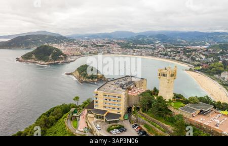 Blick aus der Vogelperspektive auf den Strand, San Sebastian, Spanien. Stockfoto