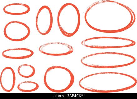 Set aus ovalem Buntstift oder Kreideformen mit roter Hervorhebung. Skizzenhafte Bleistift- oder Markierer-Hand gezeichnete grobe Ellipsenkreise Stock Vektor