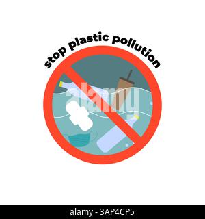 Rotes Verbotsschild Müll schwimmt im Ozean mit dem Text Stop Plastic Pollution. Gefahrenkonzept für Meereslebewesen. Banner für verschmutztes Meerwasser Stock Vektor