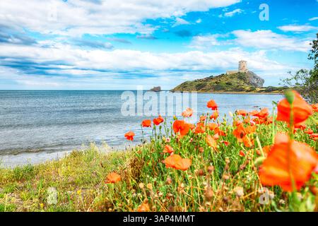 Herrlicher Blick auf den alten spanischen Turm des Coltellazzo-Leuchtturms Saint Efisio an der archäologischen Stätte Nora. Lage: Nora, Pula, Sardinien, Italien E Stockfoto