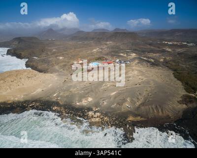 Aus der Vogelperspektive vulkanische Landschaften auf der Punta Guadalupe auf Fuerteventura, Kanarischen Inseln. Stockfoto