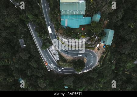 Aus der Luft sehen Sie Fahrzeuge, die auf einer gewundenen Bergstraße in der grünen Dschungellandschaft in der Nähe der Stadt Ella, Sri Lanka, fahren. Stockfoto
