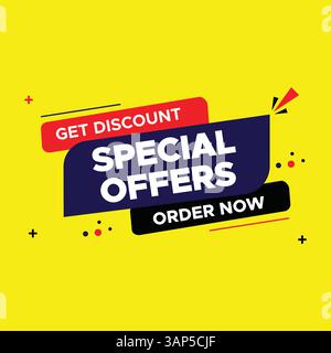 Sonderangebote Rabatt jetzt bestellen Banner mit gelbem Hintergrund, mit schwarzen, dunkelblauen und roten Formen in einem Vektor Stock Vektor