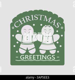 Ein weihnachtliches Grußschild mit zwei entzückenden Lebkuchenleuten, die Hände halten und Weihnachtsstimmung verbreiten Stock Vektor