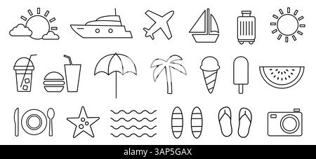 Symbole für Sommerurlaube, die Strandaktivitäten, Reiseutensilien und erfrischende Köstlichkeiten in minimalistischem Design darstellen Stock Vektor