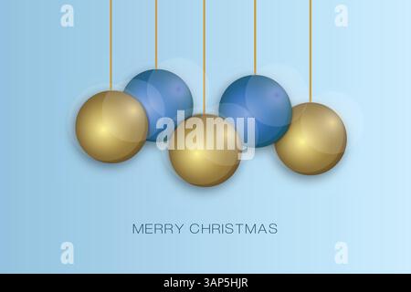Frohe Weihnachtsfeier mit goldenen und blauen Weihnachtskugeln Stock Vektor
