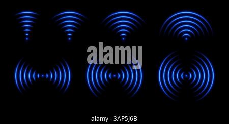 Schallwellen-Lichteffekt. WLAN-Signal leuchtet. Neon-Radarsensor. Set mit abstrakten Elementen des Laservektors. Stock Vektor
