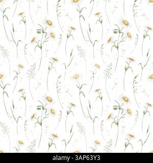 Nahtloses Blumenmuster von Aquarellwildblumen Kamille und Feldgräsern isoliert vom Hintergrund. Handgezeichnete Skizze Wiese gelbe Blumen und wi Stockfoto