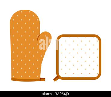 Backofen Handschuhe Handschuh und Topfhalter Cartoon Sepia Polka Dot Muster Mode Hand Accessoire Kleidung technische Illustration Kleid. Vektorstil flache Vorlage CAD-Modell Skizzenkontur auf weißem Hintergrund Stock Vektor
