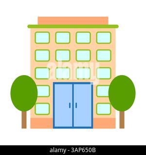 Vektor für Bürogebäude. Fensterrasterfassade. Form der Vordertür. Zwei grüne Bäume. Stock Vektor