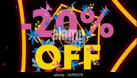 Bild mit rotierenden Fünfecken und 20 % weniger Text auf schwarzem Hintergrund Stockfoto