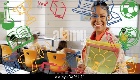 Bild von Schulsymbolen über lächelnden Lehrerinnen und Schulkindern in der Schule Stockfoto