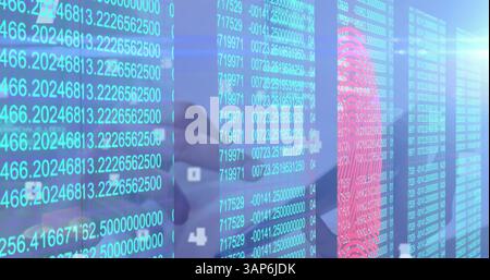 Abbildung biometrischer Fingerabdrücke und Datenverarbeitung über Frau mit Tablette Stockfoto