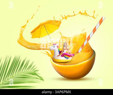Sommerstimmung. Glückliche Frau mit Einhorn-Schwimmring auf Fluss von Orangensaft vor blassgelbem Hintergrund, kreative Collage Stockfoto