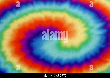 Helles, mit Tie-Dye-Technik gefärbtes Gewebe. Textil mit Wirbeln in Regenbogenfarben Stockfoto