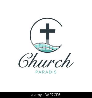 Kreuz mit Ozeanwellen für religiöse Logo Design Vektor-Illustration Stock Vektor