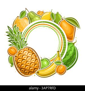 Vektor-Frucht-Rahmen mit Kopierraum für Anzeigetext, dekorative quadratische Plakette mit Zeichentrickdesign grüne und gelbe Fruchtkomposition, runder Rahmen mit Mann Stock Vektor