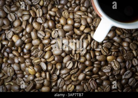 Geröstete Kaffeebohnen und eine Tasse Kaffee auf einem Tisch Stockfoto