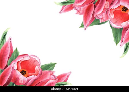 Rechteckiger Rahmen aus rosa Tulpenblüten, Knospen und Blättern in Aquarellfarbe. Aquarellabbildung isoliert auf weiß. Stockfoto