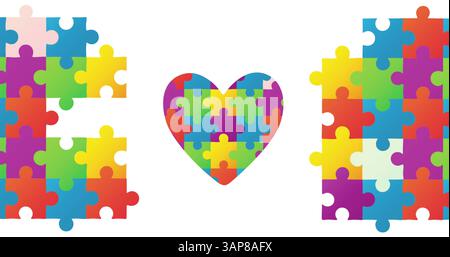Bild von Autismus bunten Puzzleteilen, die Herz auf weißem Hintergrund bilden Stockfoto