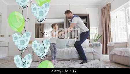Bild von Ballons über glücklichen kaukasischen Vater und Tochter, die in Honme springen und spielen Stockfoto