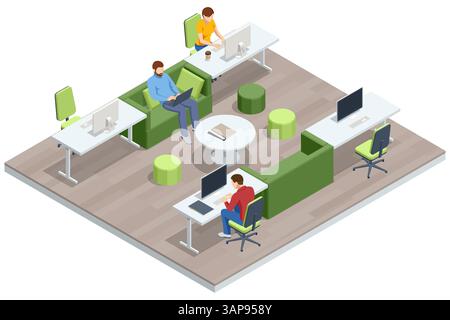 Ein isometrischer Coworking-Bereich mit farbenfrohen Sitzgelegenheiten, modernen Barschreibtischen und entspannten Bereichen, in denen Menschen an Laptops und Telefonen arbeiten. Geschäftsplanung Stock Vektor