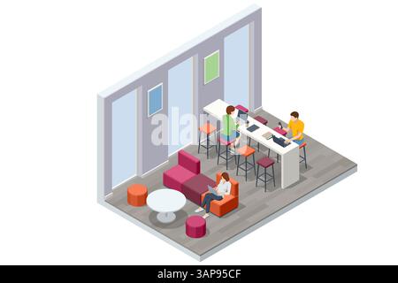 Ein isometrischer Coworking-Bereich mit farbenfrohen Sitzgelegenheiten, modernen Barschreibtischen und entspannten Bereichen, in denen Menschen an Laptops und Telefonen arbeiten Stock Vektor