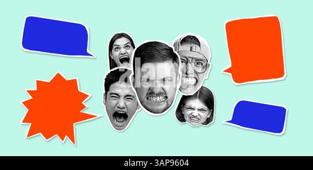 Zusammengesetztes Bild. Wütende Gesichter, die um rote und blaue Blasen auf mintfarbenem Hintergrund schreien. Konzept des Feedbacks Stockfoto